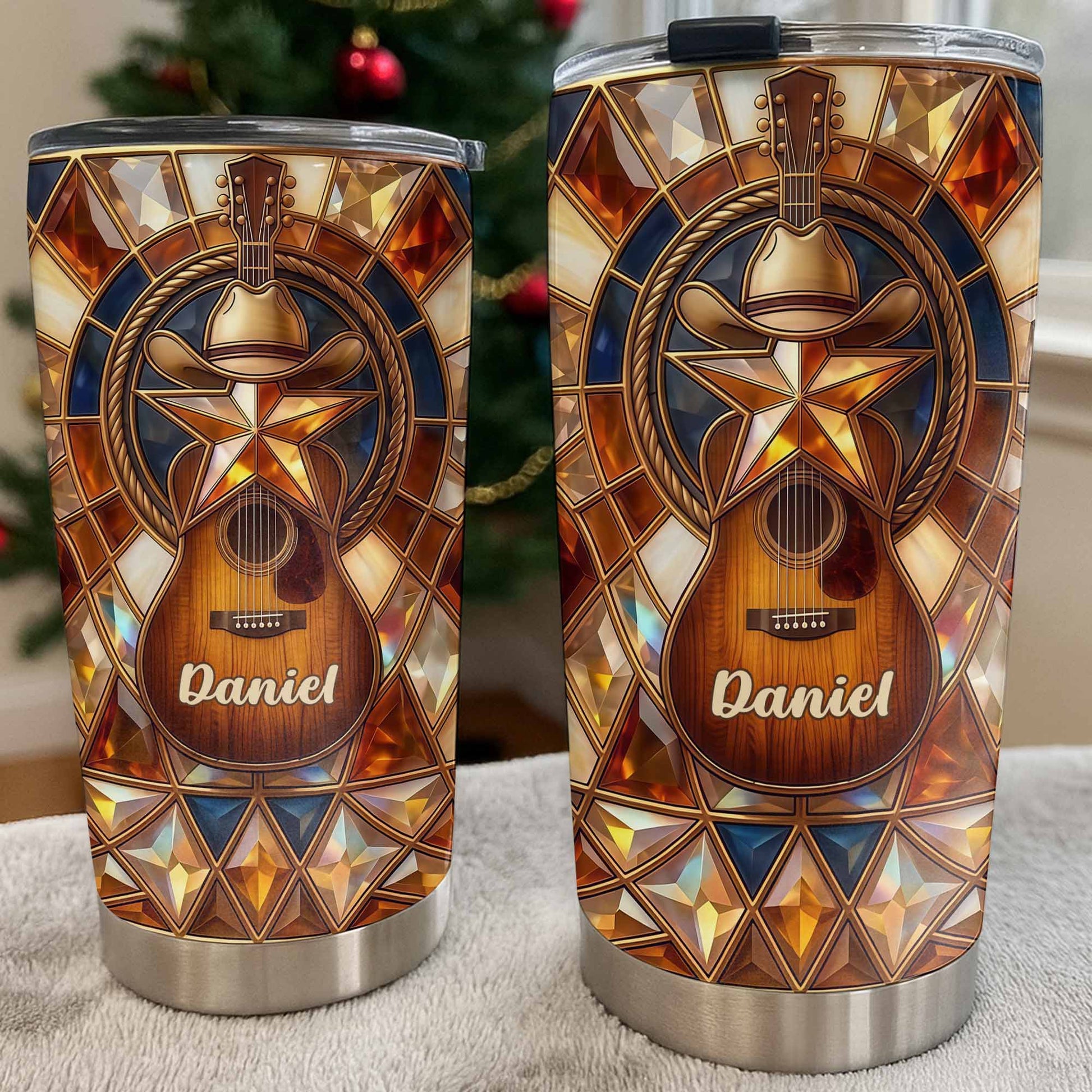 Stained Glass Country Music Spirit With Guitar And Cowboy Hat - Personalized Custom Stainless Steel Tumbler 20oz 30oz - MUSIC014_TB