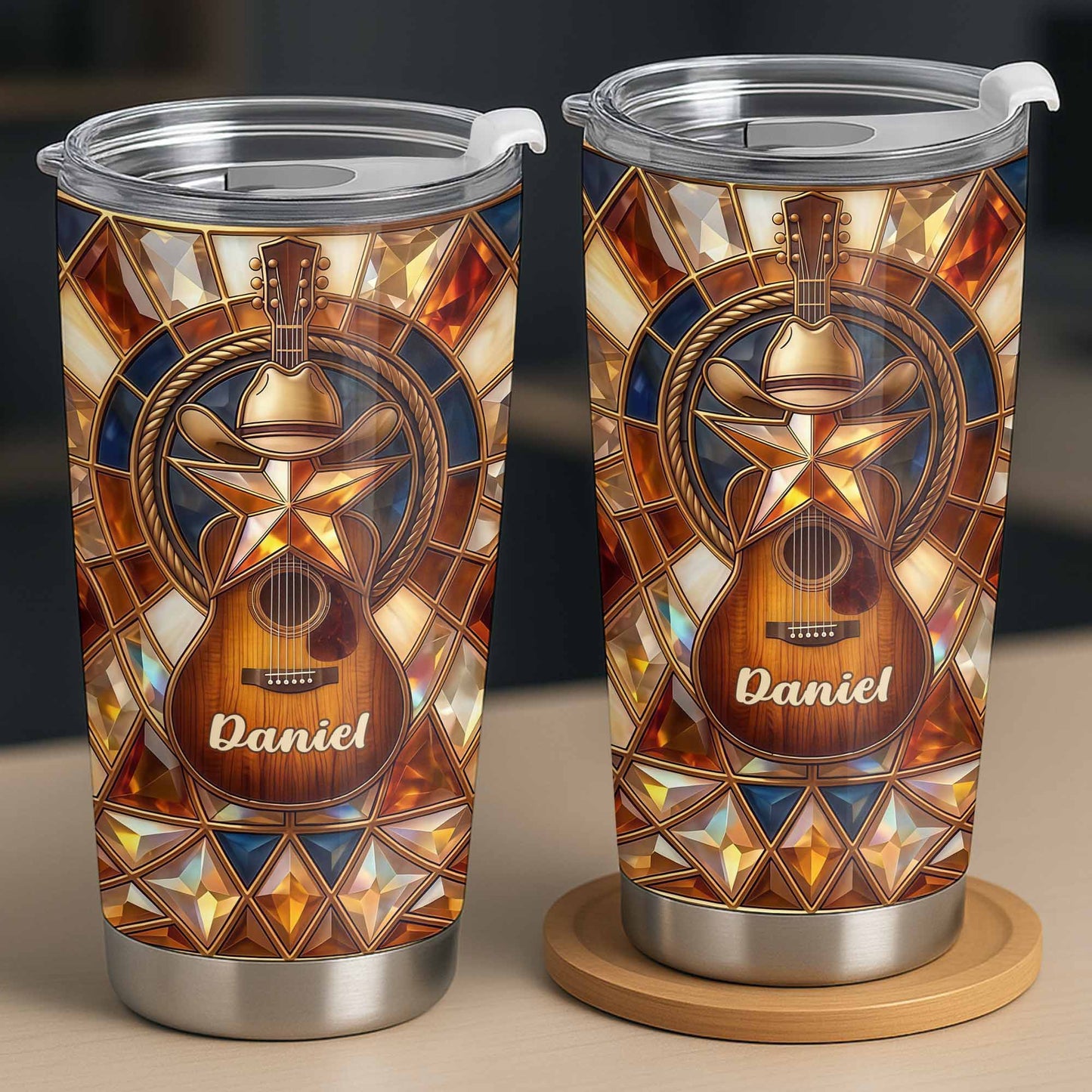 Stained Glass Country Music Spirit With Guitar And Cowboy Hat - Personalized Custom Stainless Steel Tumbler 20oz 30oz - MUSIC014_TB