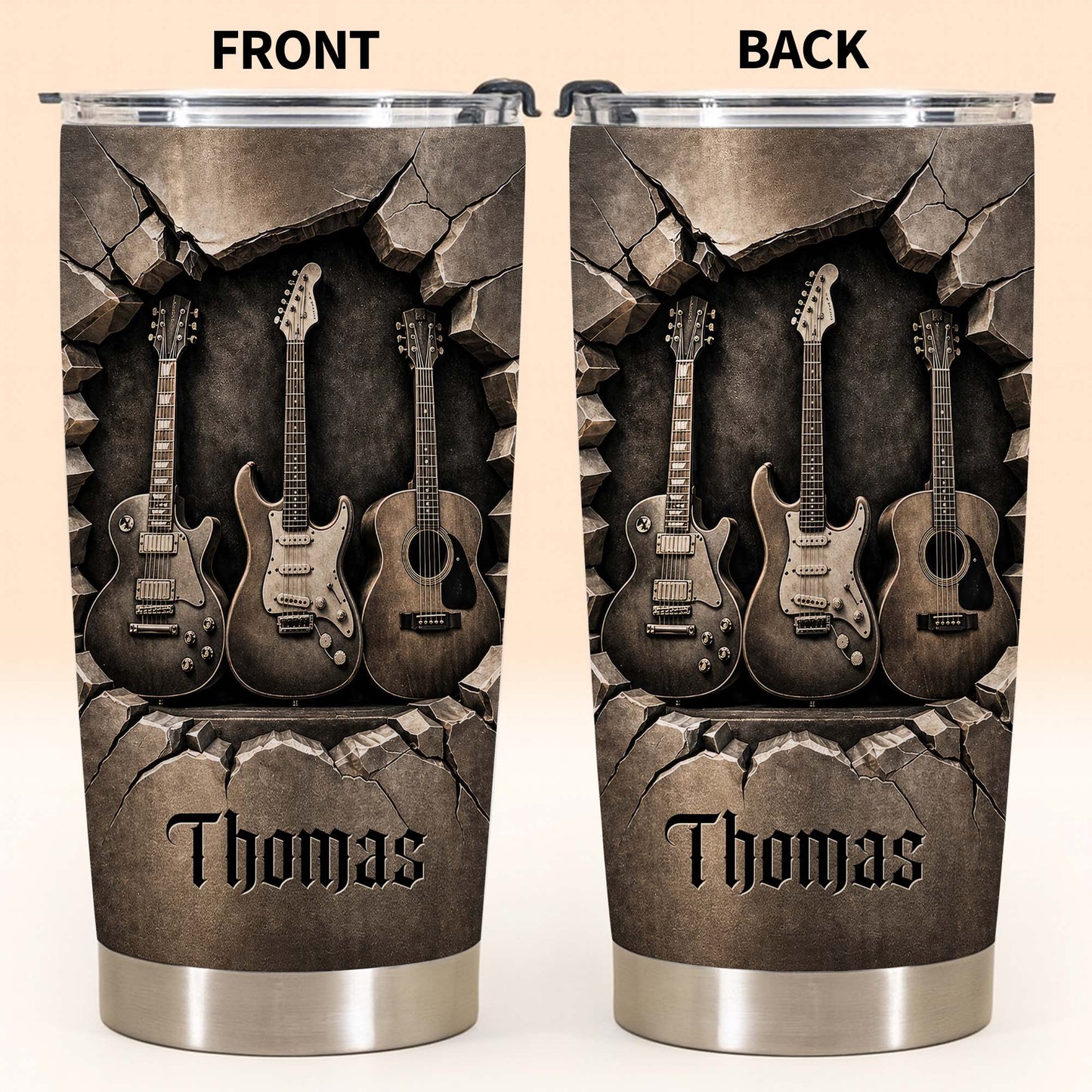 Music Is The Soul Of Life 3D Effect Guitars And Stone Wall - Personalized Custom Stainless Steel Tumbler 20oz 30oz - MUSIC097_TB