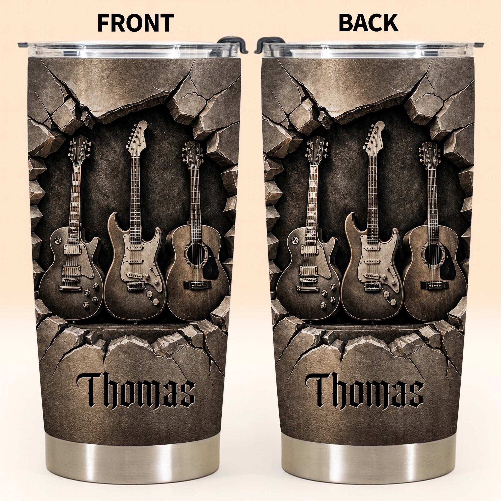 Music Is The Soul Of Life 3D Effect Guitars And Stone Wall - Personalized Custom Stainless Steel Tumbler 20oz 30oz - MUSIC097_TB