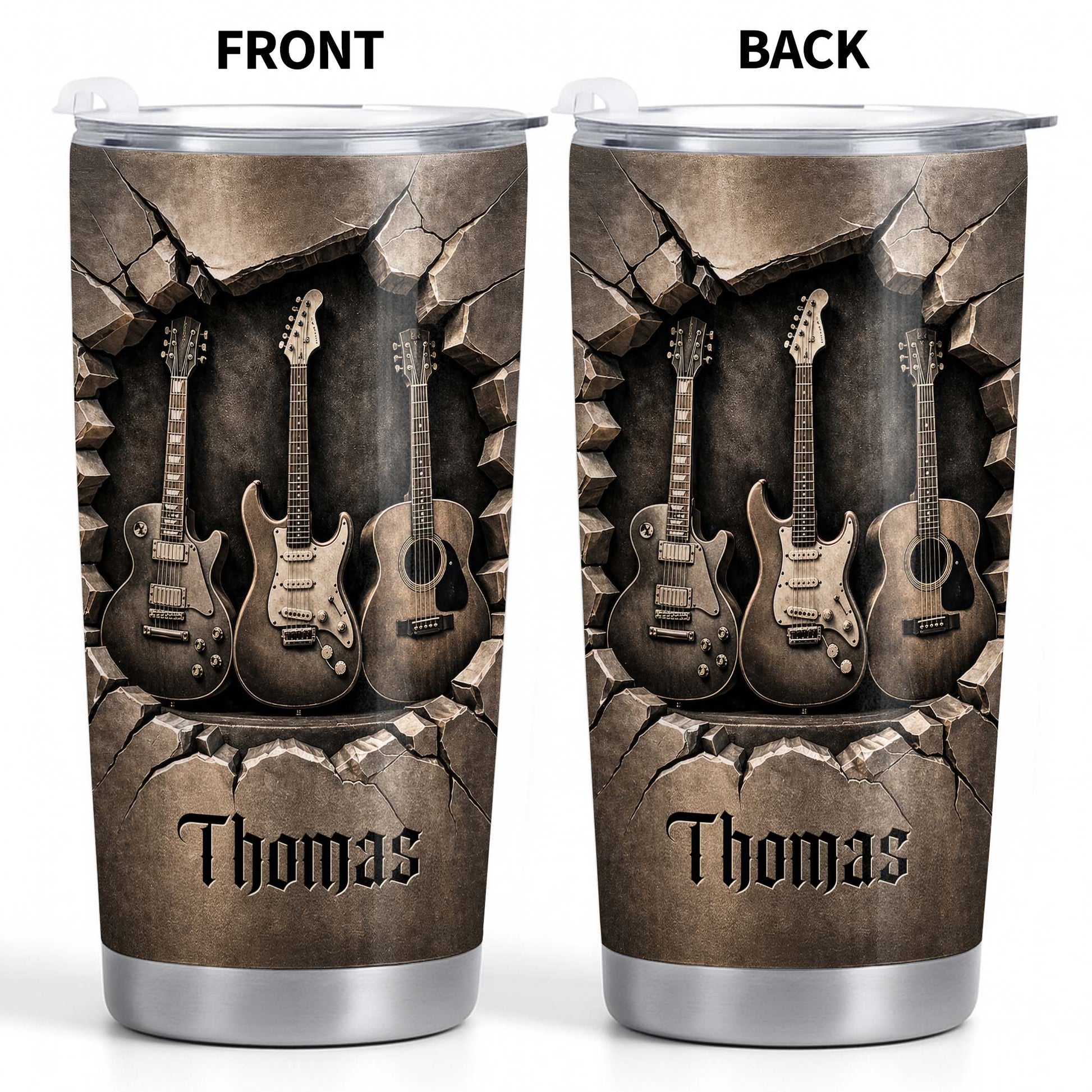 Music Is The Soul Of Life 3D Effect Guitars And Stone Wall - Personalized Custom Stainless Steel Tumbler 20oz 30oz - MUSIC097_TB