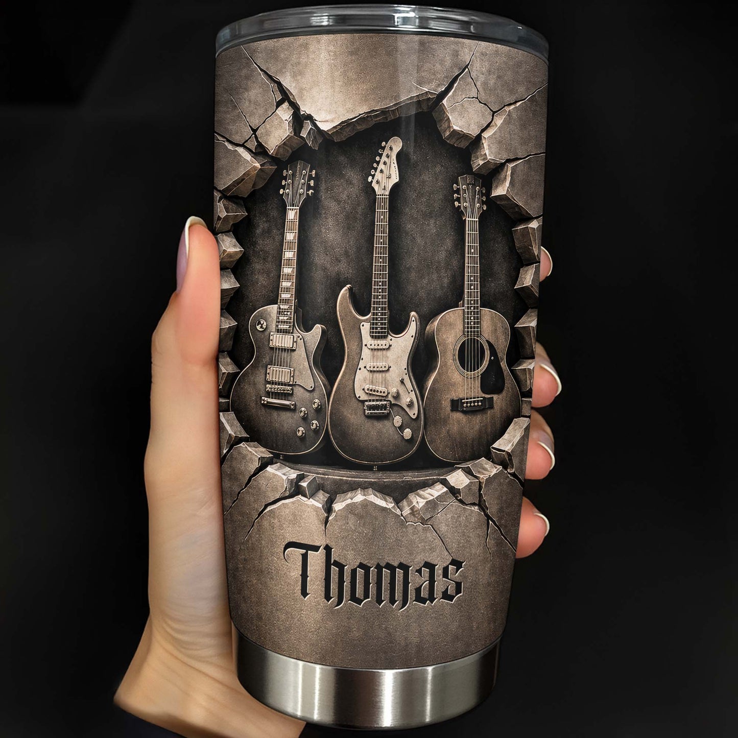 Music Is The Soul Of Life 3D Effect Guitars And Stone Wall - Personalized Custom Stainless Steel Tumbler 20oz 30oz - MUSIC097_TB