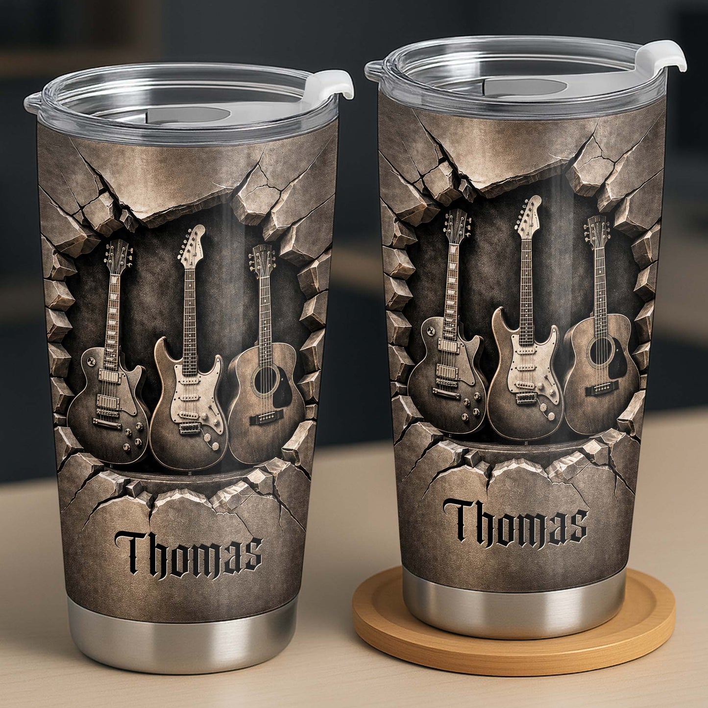 Music Is The Soul Of Life 3D Effect Guitars And Stone Wall - Personalized Custom Stainless Steel Tumbler 20oz 30oz - MUSIC097_TB