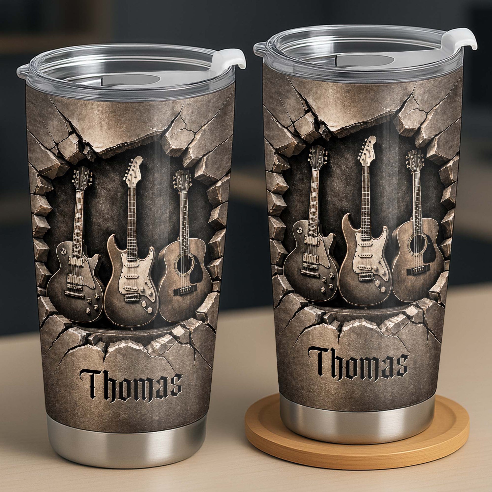 Music Is The Soul Of Life 3D Effect Guitars And Stone Wall - Personalized Custom Stainless Steel Tumbler 20oz 30oz - MUSIC097_TB