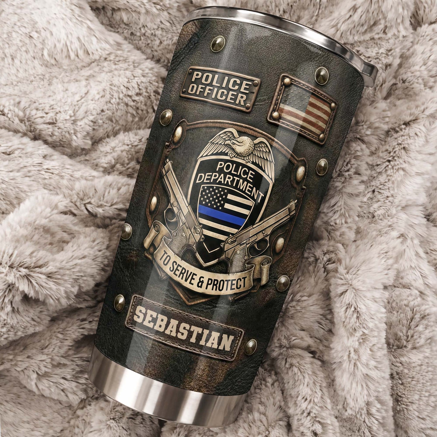 To Serve and Protect Police Officer Badge With American Flag And Guns - Personalized Custom Stainless Steel Tumbler 20oz 30oz - OFC055_TB