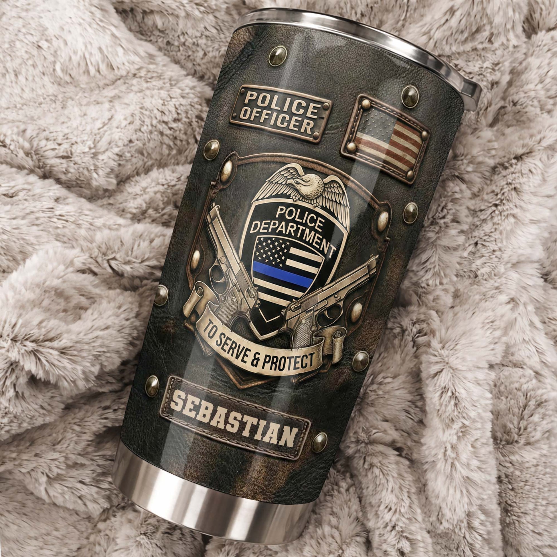 To Serve and Protect Police Officer Badge With American Flag And Guns - Personalized Custom Stainless Steel Tumbler 20oz 30oz - OFC055_TB