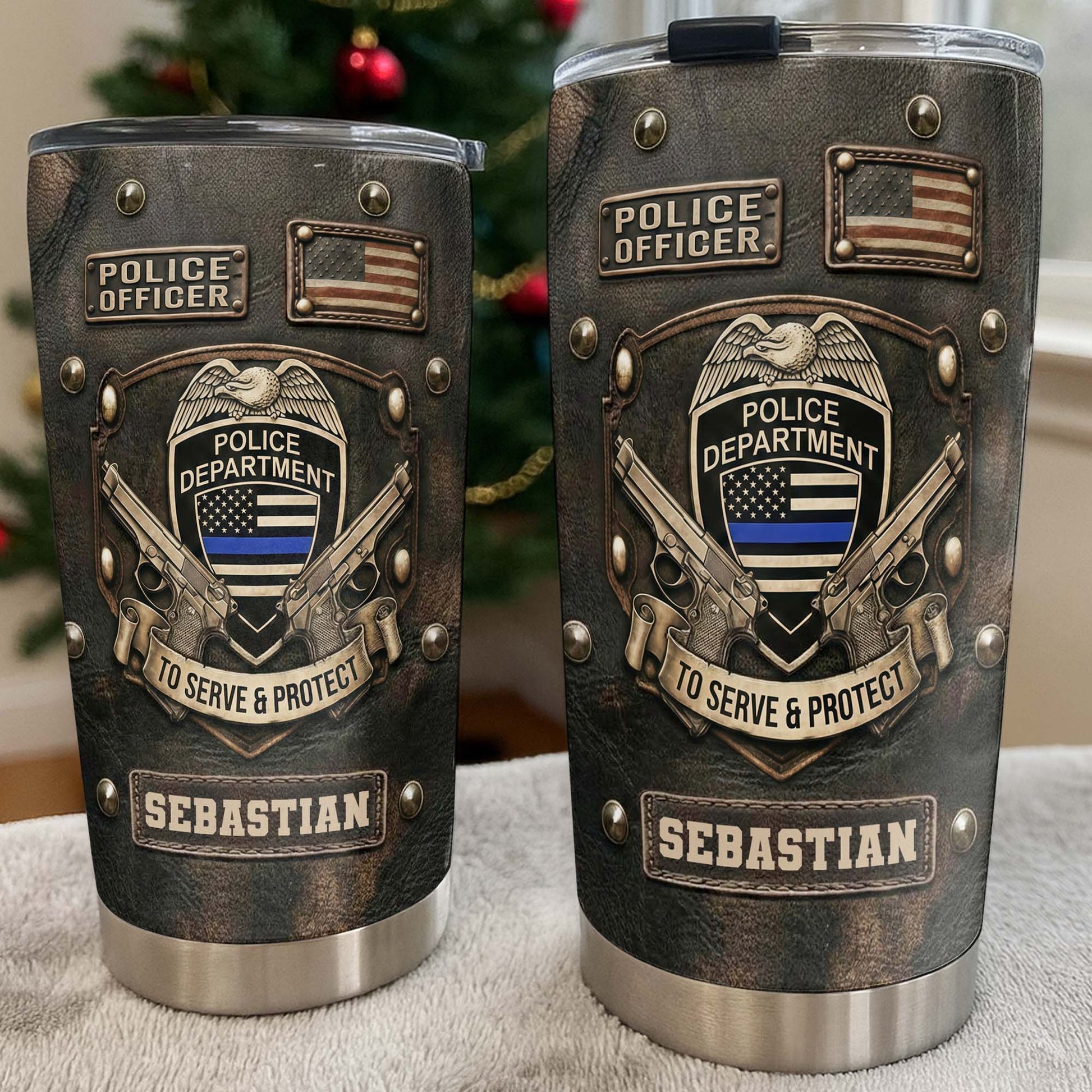 To Serve and Protect Police Officer Badge With American Flag And Guns - Personalized Custom Stainless Steel Tumbler 20oz 30oz - OFC055_TB