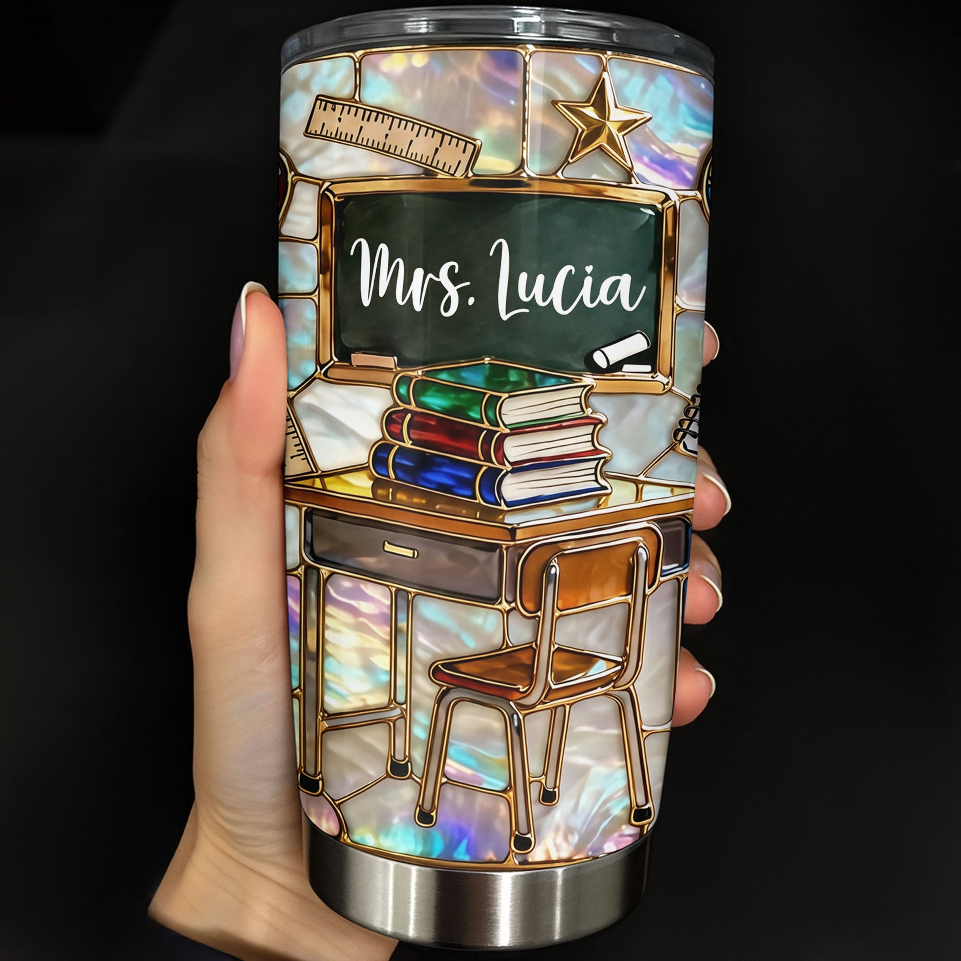 My Classroom With Books And Chalkboard Stained Glass Style - Personalized Custom Stainless Steel Tumbler 20oz 30oz - TEACH070_TB