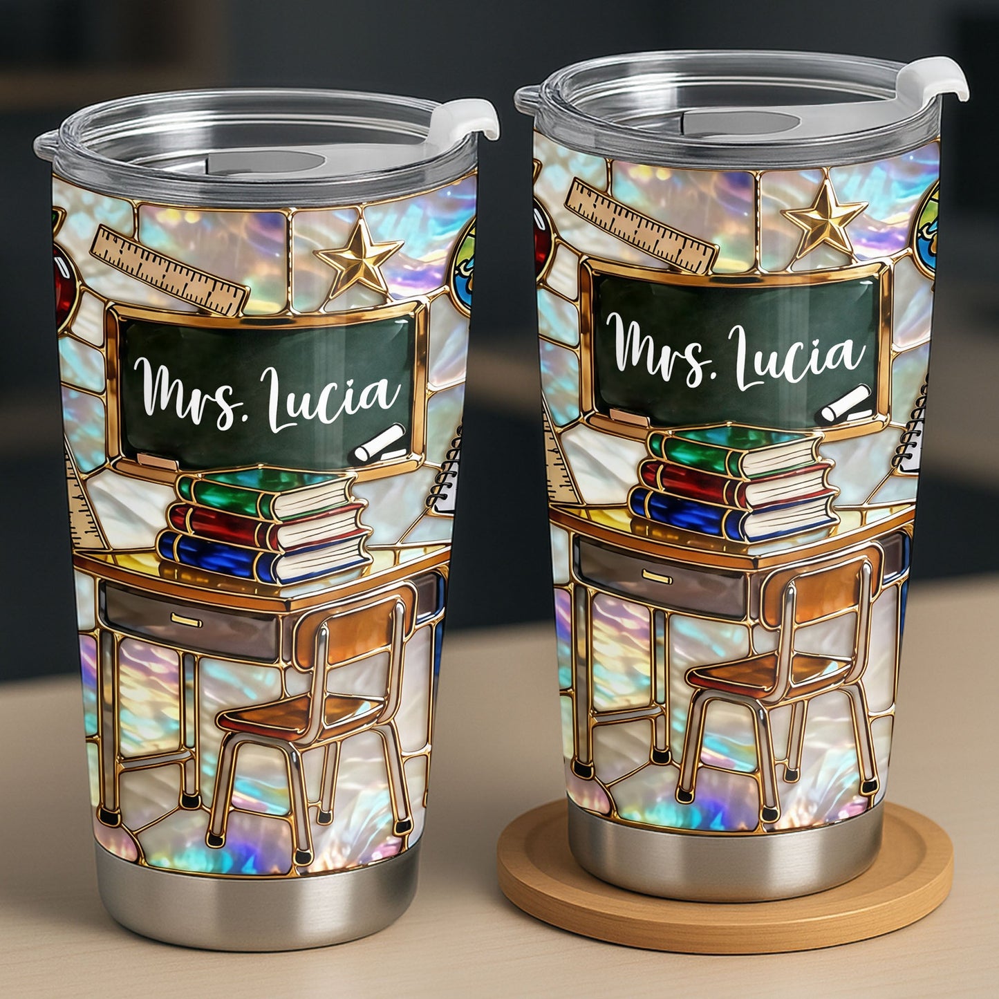 My Classroom With Books And Chalkboard Stained Glass Style - Personalized Custom Stainless Steel Tumbler 20oz 30oz - TEACH070_TB